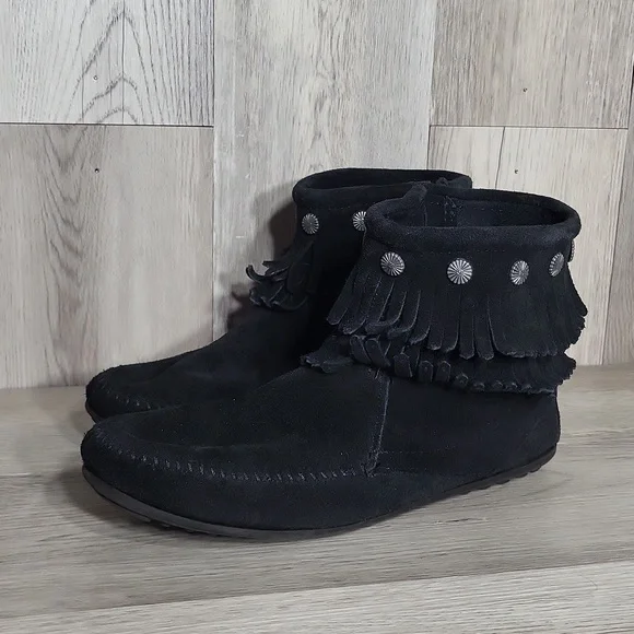 Minnetonka Womens 11 Double Fringe Suede Zip Boots Moccasin Style Southwestern - Picture 3 of 9